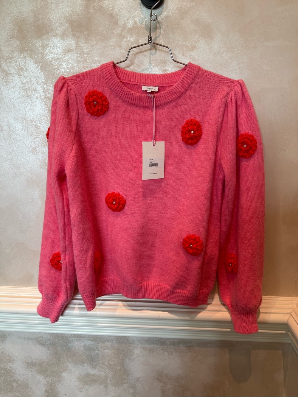 Women's Pink Crewneck Sweater with Red Floral Appliqués